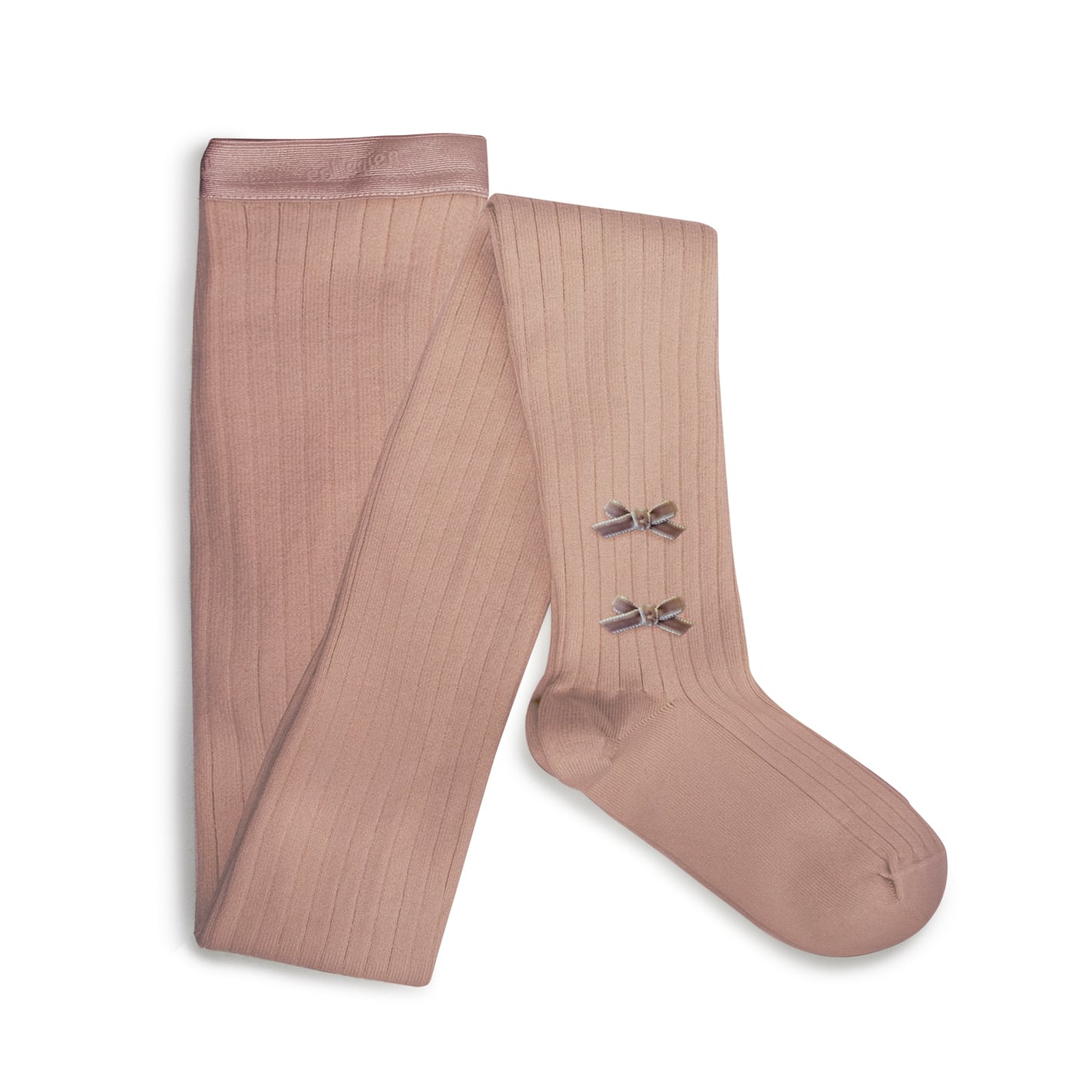 【Collégien】Capucine - Ribbed Tights with Velvet Bows - Vieux Rose