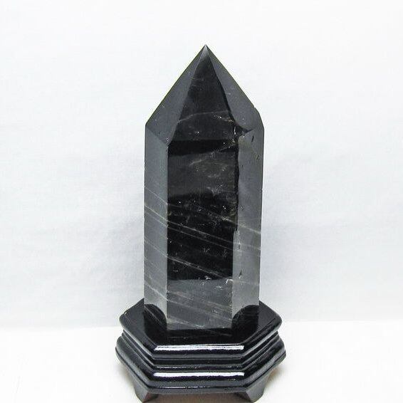 2.1Kg モリオン 六角柱 黒水晶 ポイント 置物 一点物 台座付属 162-442