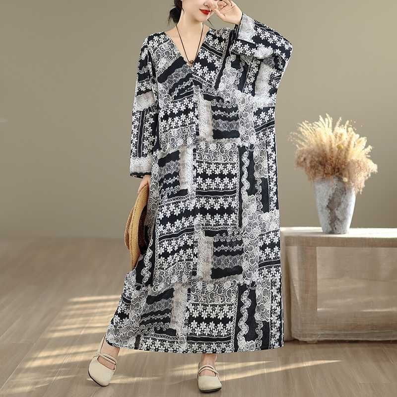 LACE PRINT V-NECK WIDE MAXI PULLOVER DRESS 1color M-16047