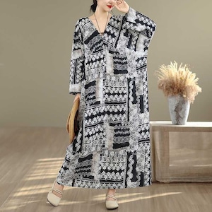 LACE PRINT V-NECK WIDE MAXI PULLOVER DRESS 1color M-16047