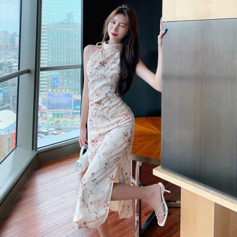 プリントホルターノースリーブスリムドレス レディース ハンチェンe70285481481