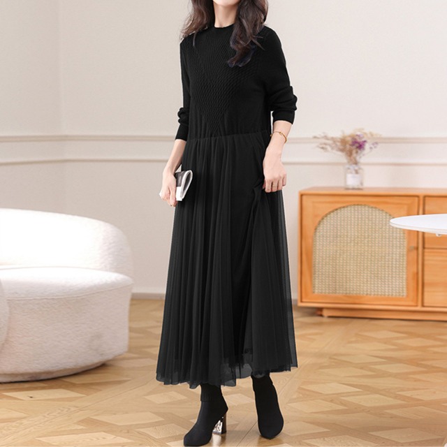 ウエスト切替ニットチュールワンピース Me1649