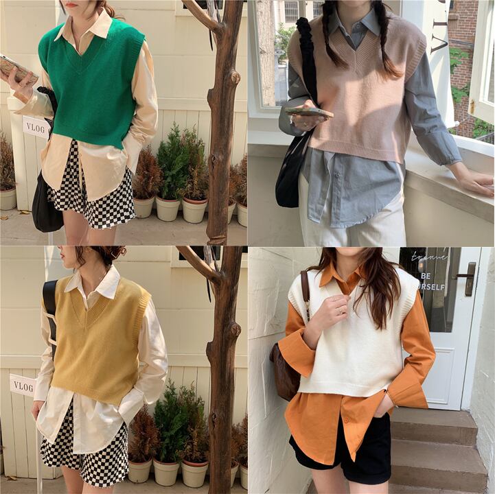 全5色 カジュアル レトロ ニット ベスト ゆったりする タンクトップ シンプル カラーベスト