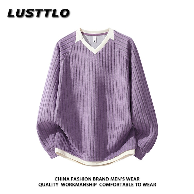 【WSシリーズ】★POLOシャツ★ 3color ユニセックス トップス 長袖 配色 ネック 縦縞 縞模様 黒 紫