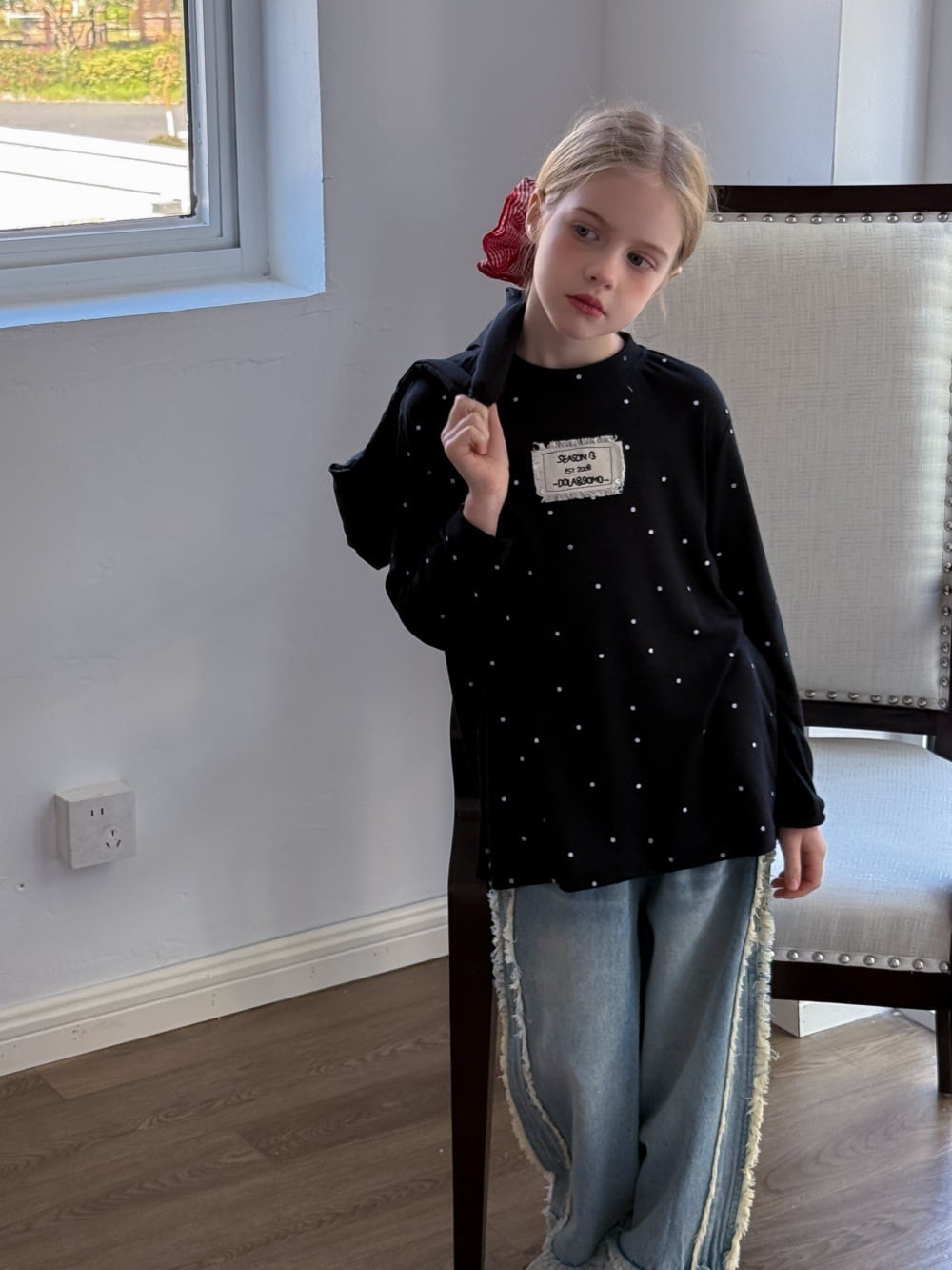 2colorフリンジタグドット薄手トップス