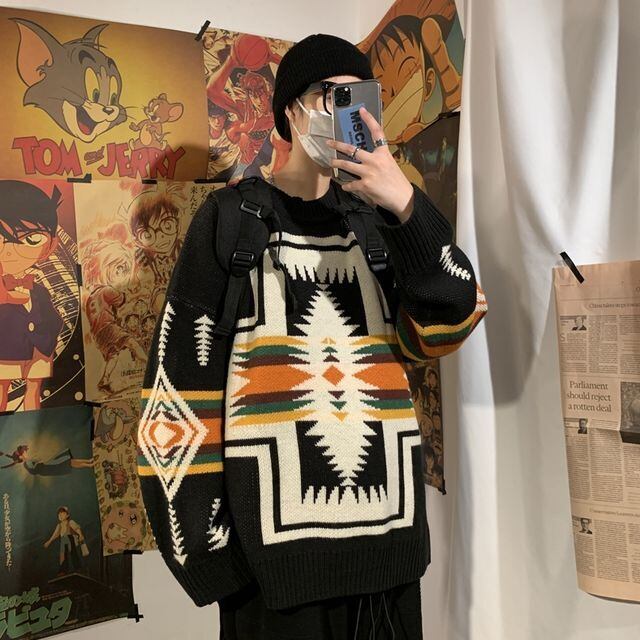 【予約販売】ニット ラウンドネック ネイティブ柄 メンズ ブラック ベージュ セーター こなれ感 お洒落 韓国 トレンド 秋冬春 M/L/XL