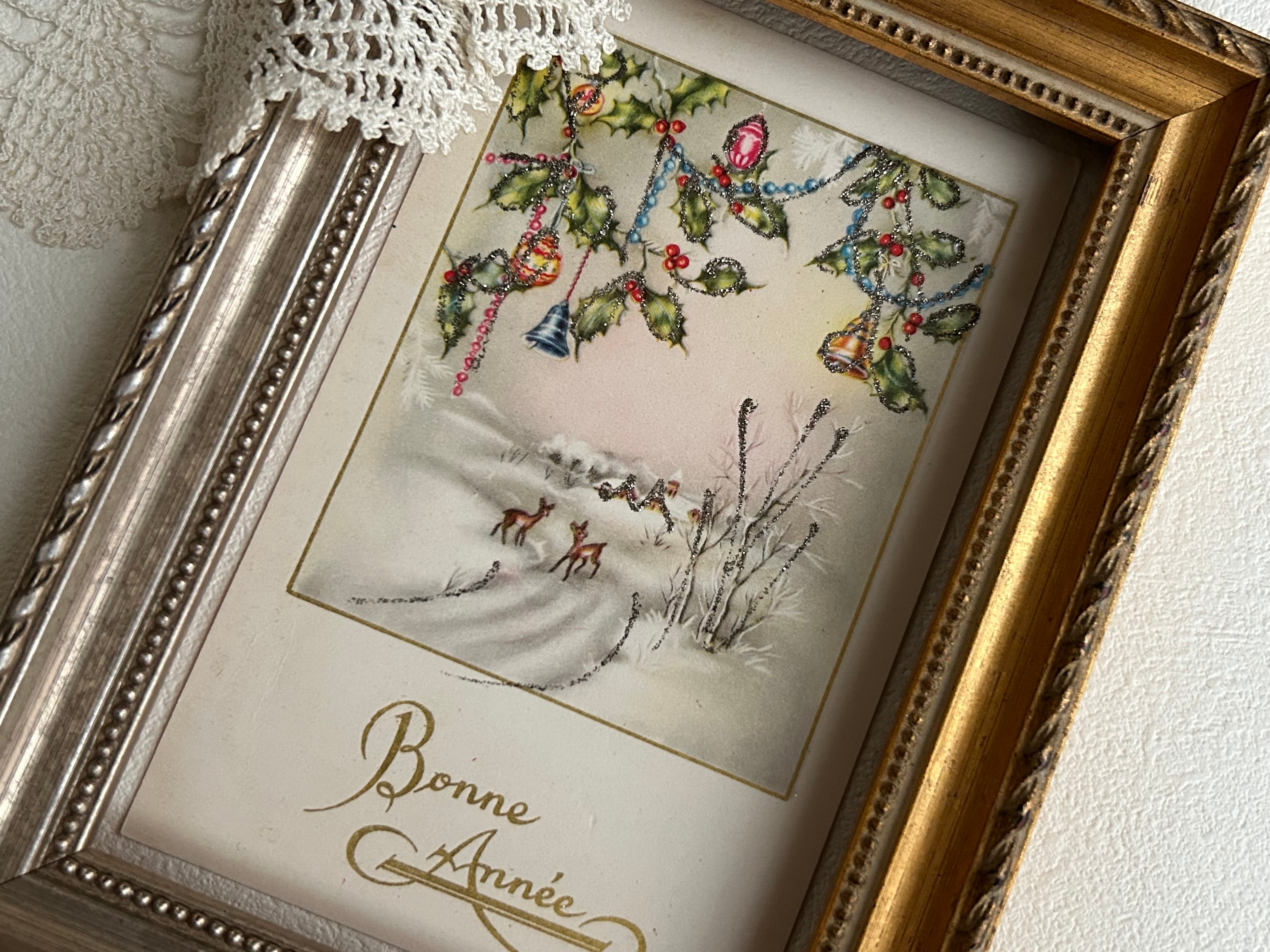 アンティークポストカード Bonne Anee 雪景色 クリスマスベル 鹿 柊