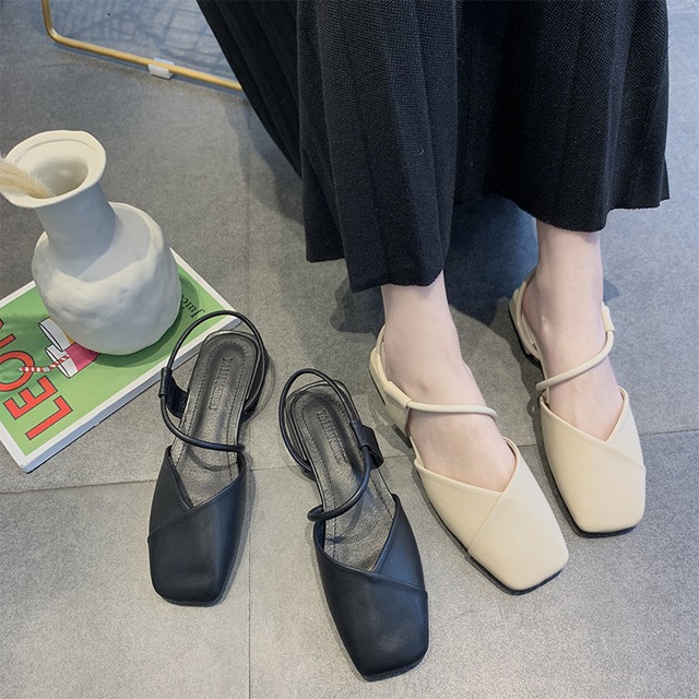 ストラップ サンダル ローヒール 韓国ファッション レディース アンクルストラップ スクエアヘッド カジュアル 痛くない 歩きやすい ぺたんこ フラット / Sandals square head low heels (DTC-586635010308)