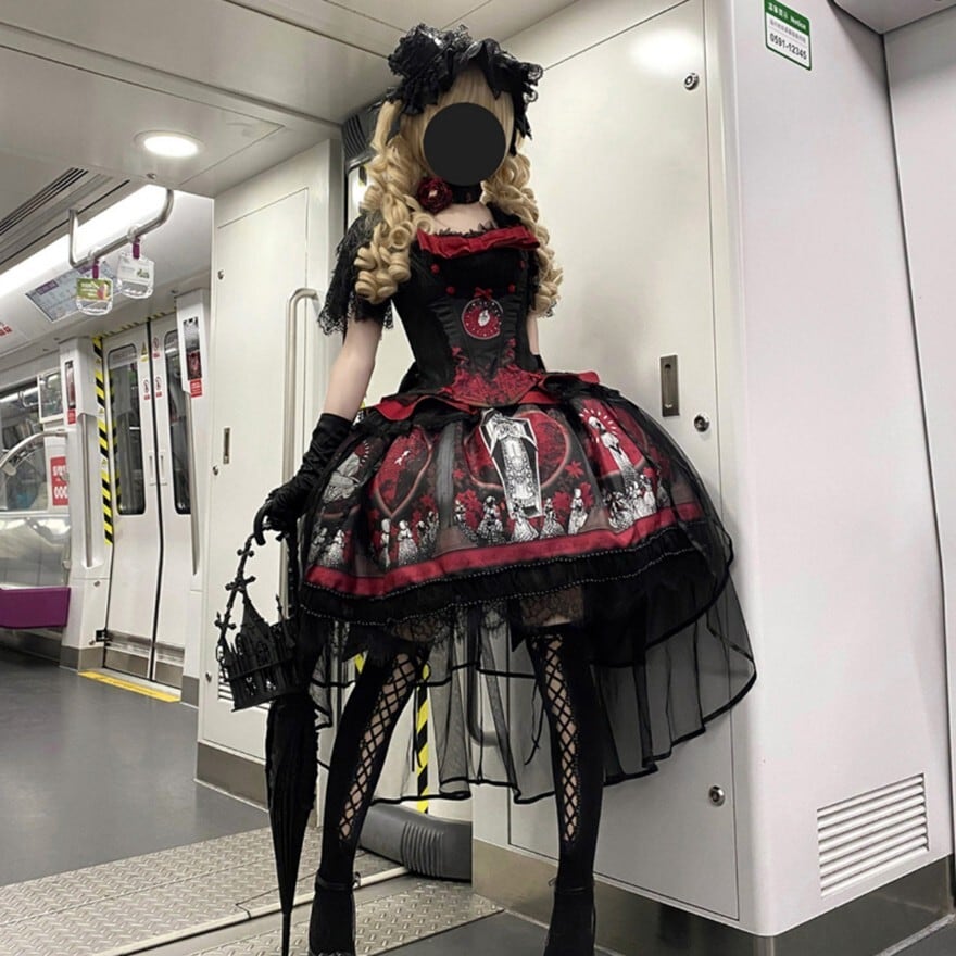 ゴスロリ ダークゴシック 4点セットアップ｜コルセット×トレーンリボン