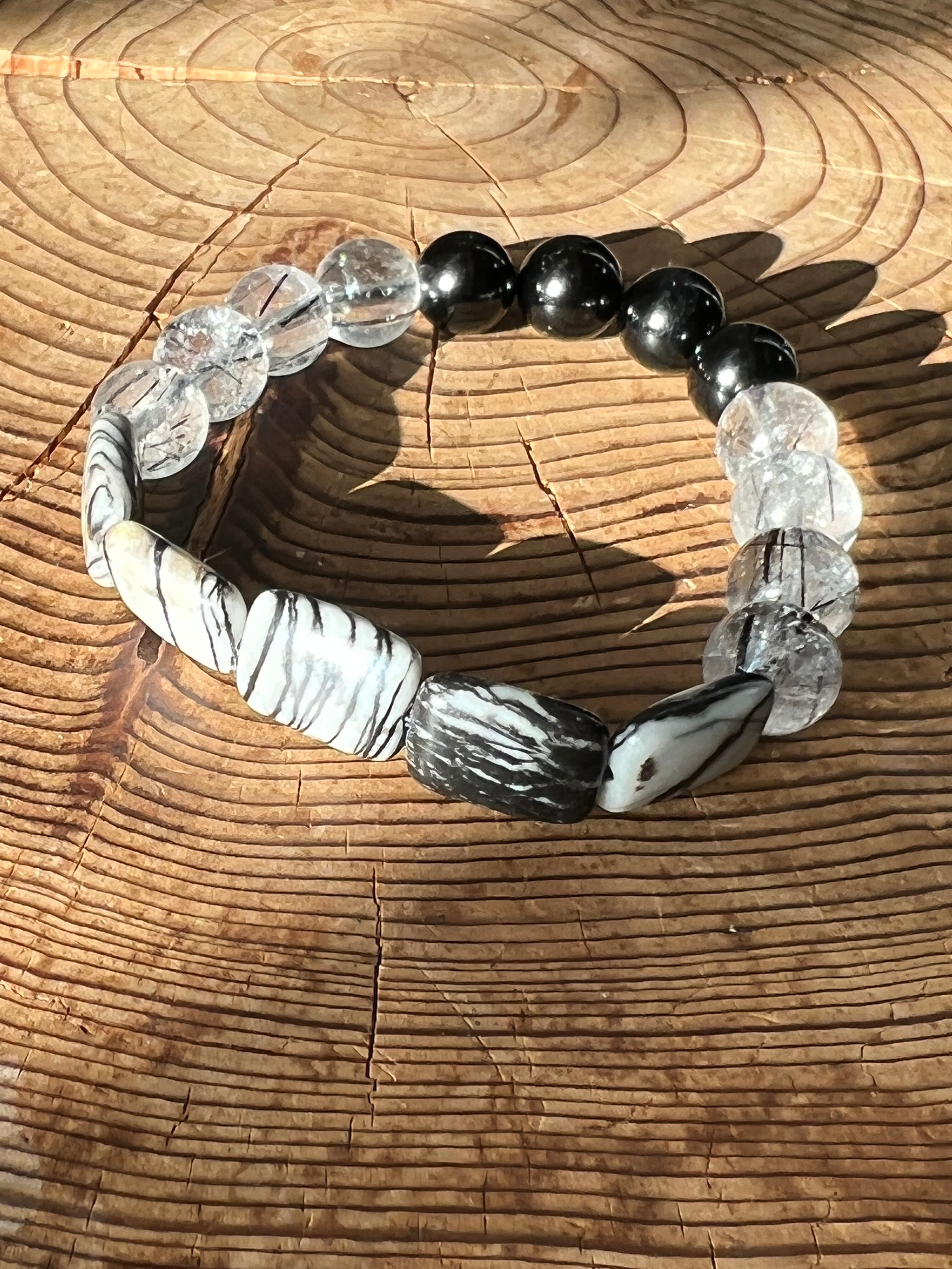 日陰に入りたいなら【アウトレット】ゼブラジャスパー&モリオン&クォーツインブラックルチル