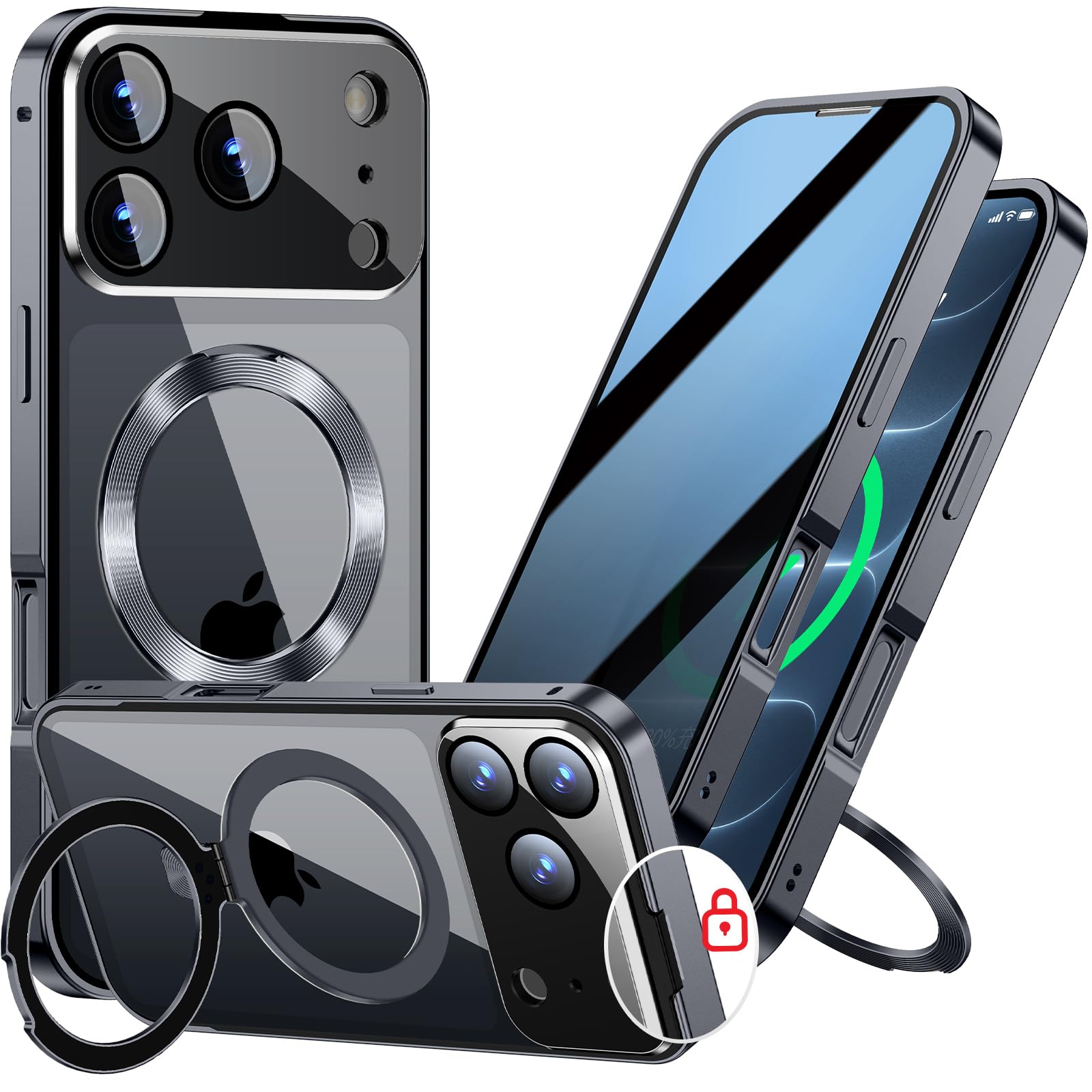 【スライドカバー磁気ロック・覗き見防止・新次元の一体型カメラ保護 +CD隠しスタンド】Rosycover iPhone 18 Pro 用 ケース