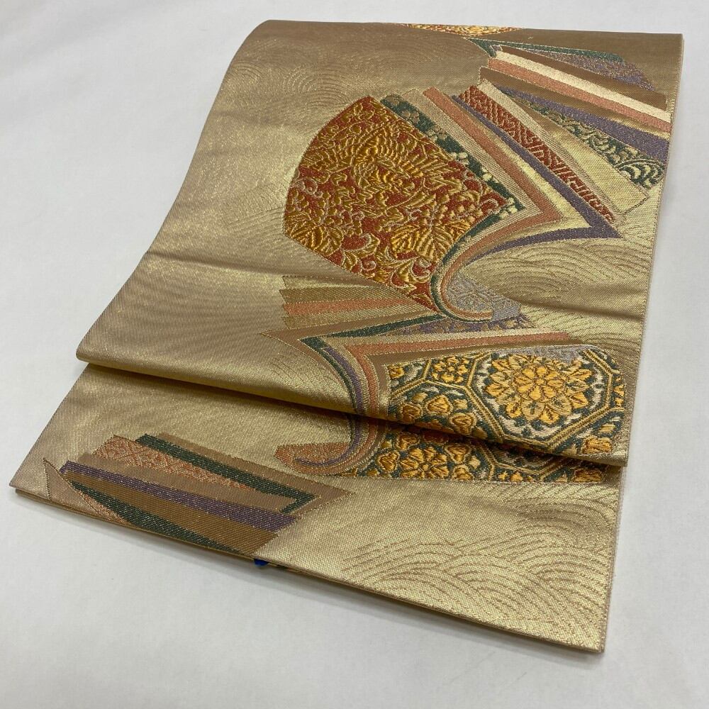 中古 礼装袋帯 正絹 連続模様 六通柄 ゴールド Aランク 428cm 6049