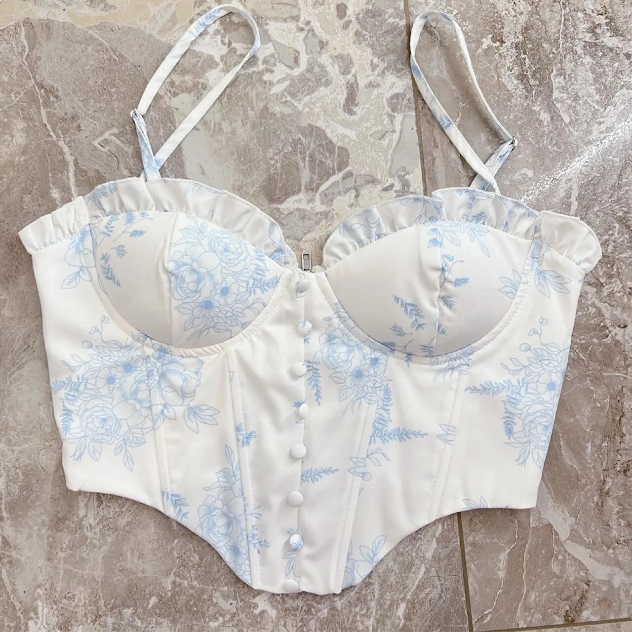 Suninheart-花柄のトップ,パッド入り,ショートトップ,ミニ,美しい青い色,休暇,パーティー,クラブ,ストリートウェア,ノースリーブTシャツ