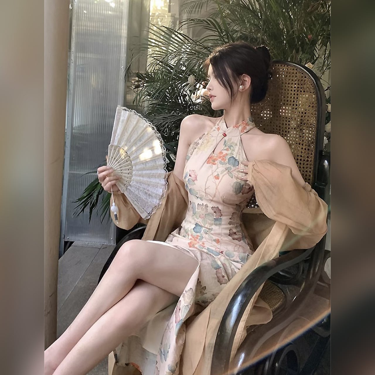 キーホールネックロングチャイナドレス アオザイ チャイナドレス