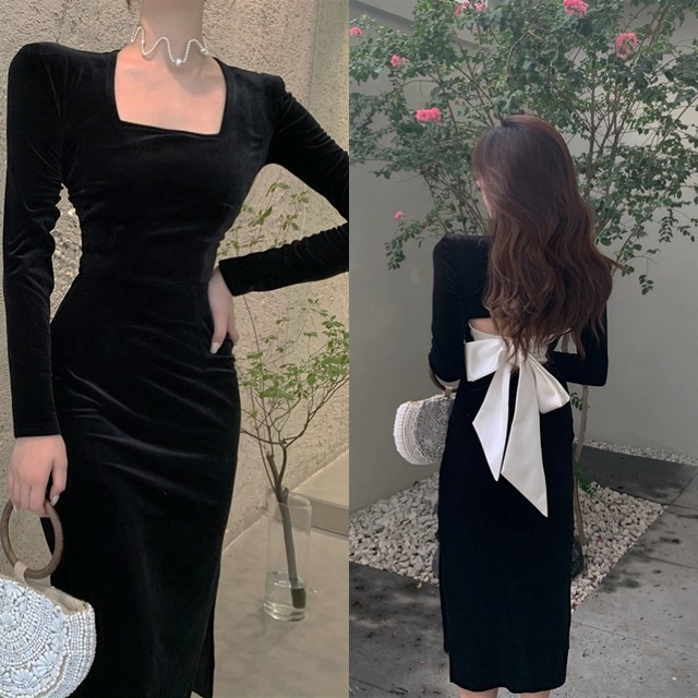 ワンピース レディース 送料無料 タイトドレス タイトワンピース ロングワンピース ミモレワンピース スクエアネック スリット 長袖 プルオーバー ハイウエスト ウエストマーク バックリボン オープンバック バックシャン 体型カバー 細見え 着痩せ 脚長 スリム ブラック ホワイト バイカラー ロング丈 ミモレ丈 フェミニン 肌見せ 清潔感 清楚 抜け感 通気性 大人可愛い 大人女子 おしゃれ お洒落 上品 エレガント ラフ モダン シック セクシー カジュアル ガーリー ラブリー キュート 春服 秋服