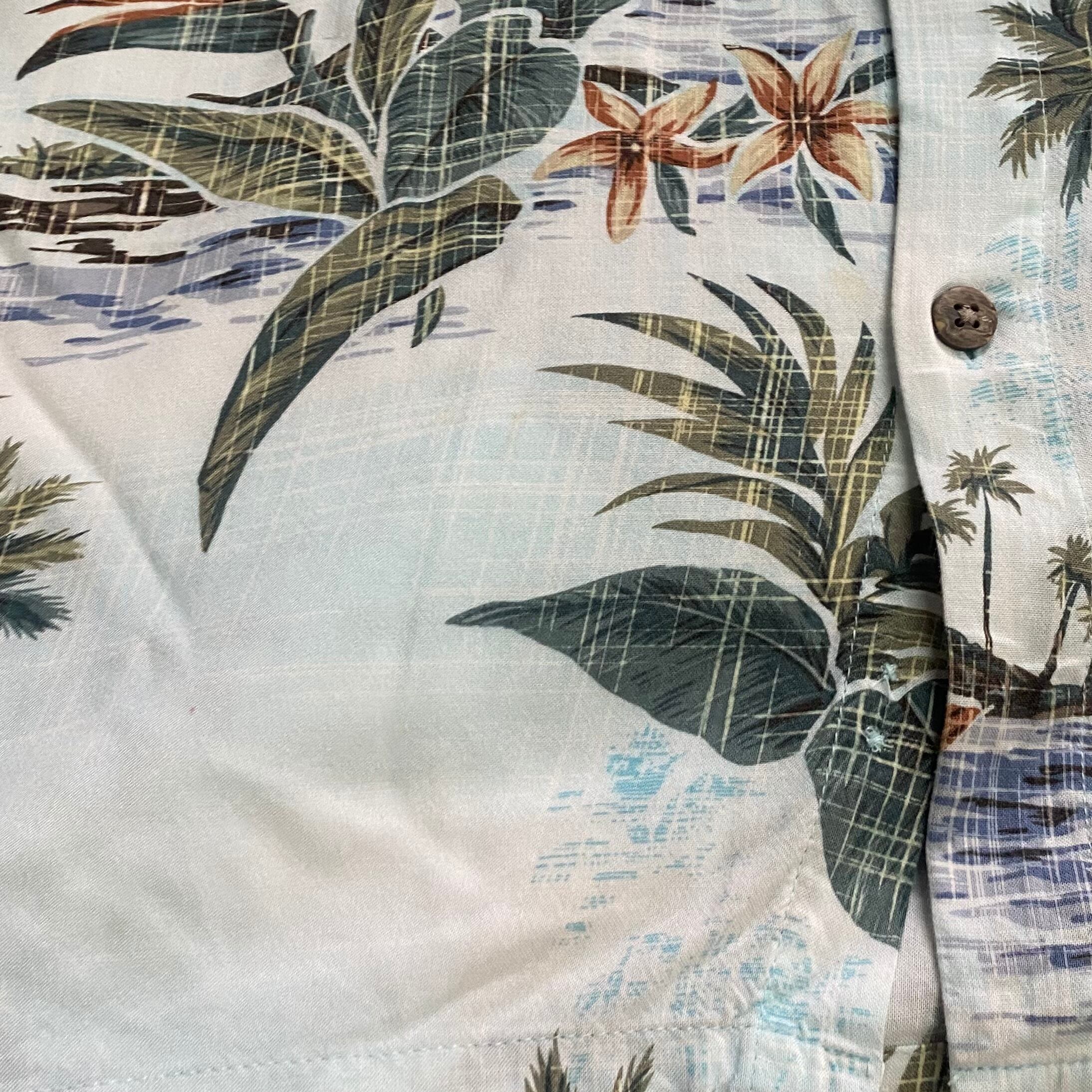 Batik Bay レーヨン アロハシャツ ハワイアンシャツ ヤシの木 花柄 メンズL 古着 ホワイト ライトブルー 白 水色【半袖シャツ】【P2000】 | cave 古着屋【公式】古着通販サイト