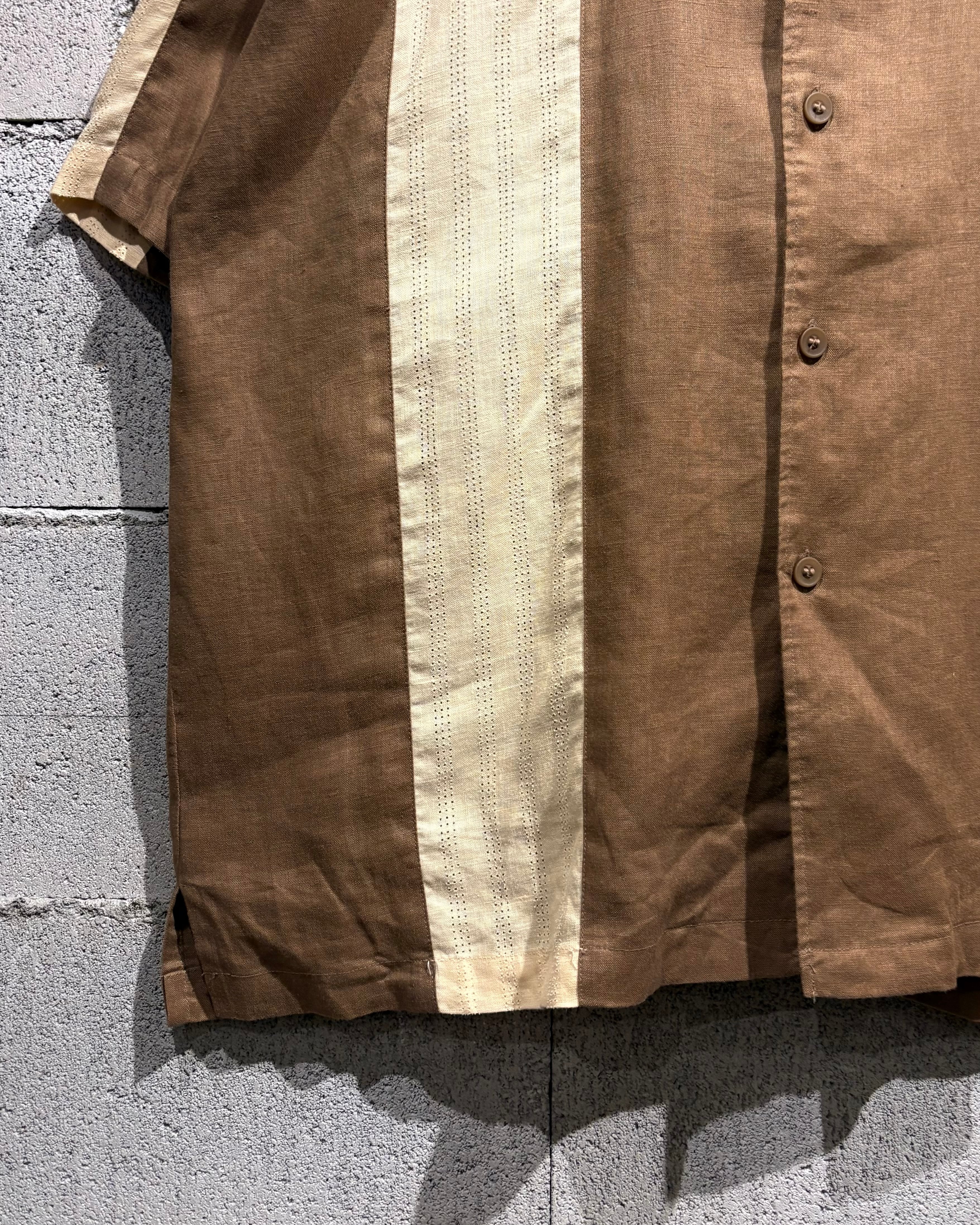 Caka otto】Color Switching Vintage Loose S/S Open Collar Linen