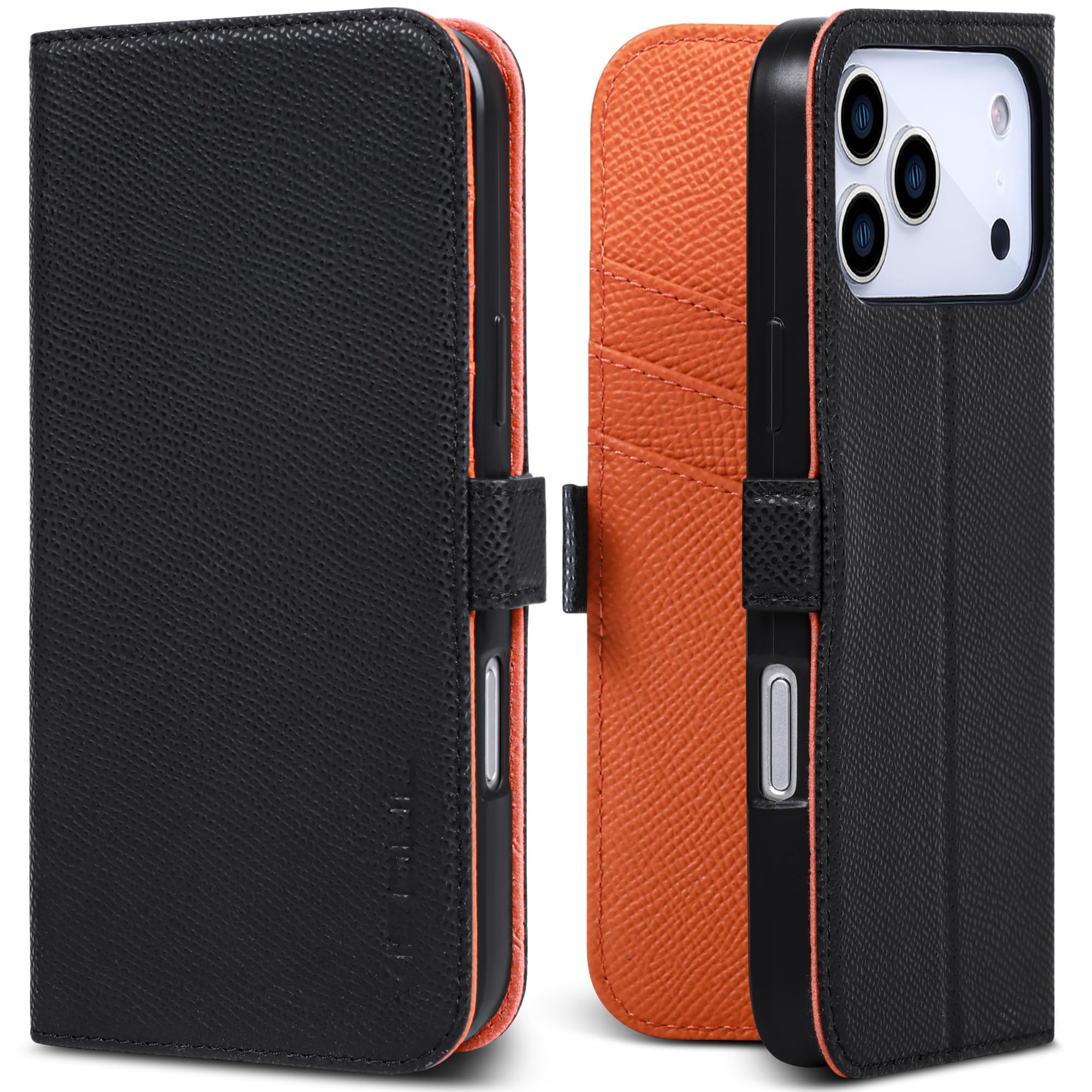 VISOUL iPhone 18 Pro/iPhone 17 Pro 対応 ケース 手帳型 本革 RFIDブロッキング 2026年発売 6.3インチ Miniベルト式 ブラックxオレンジ