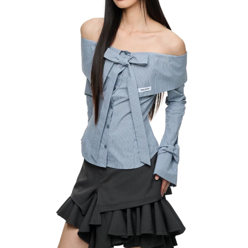 Off shoulder ribbon tops E7150