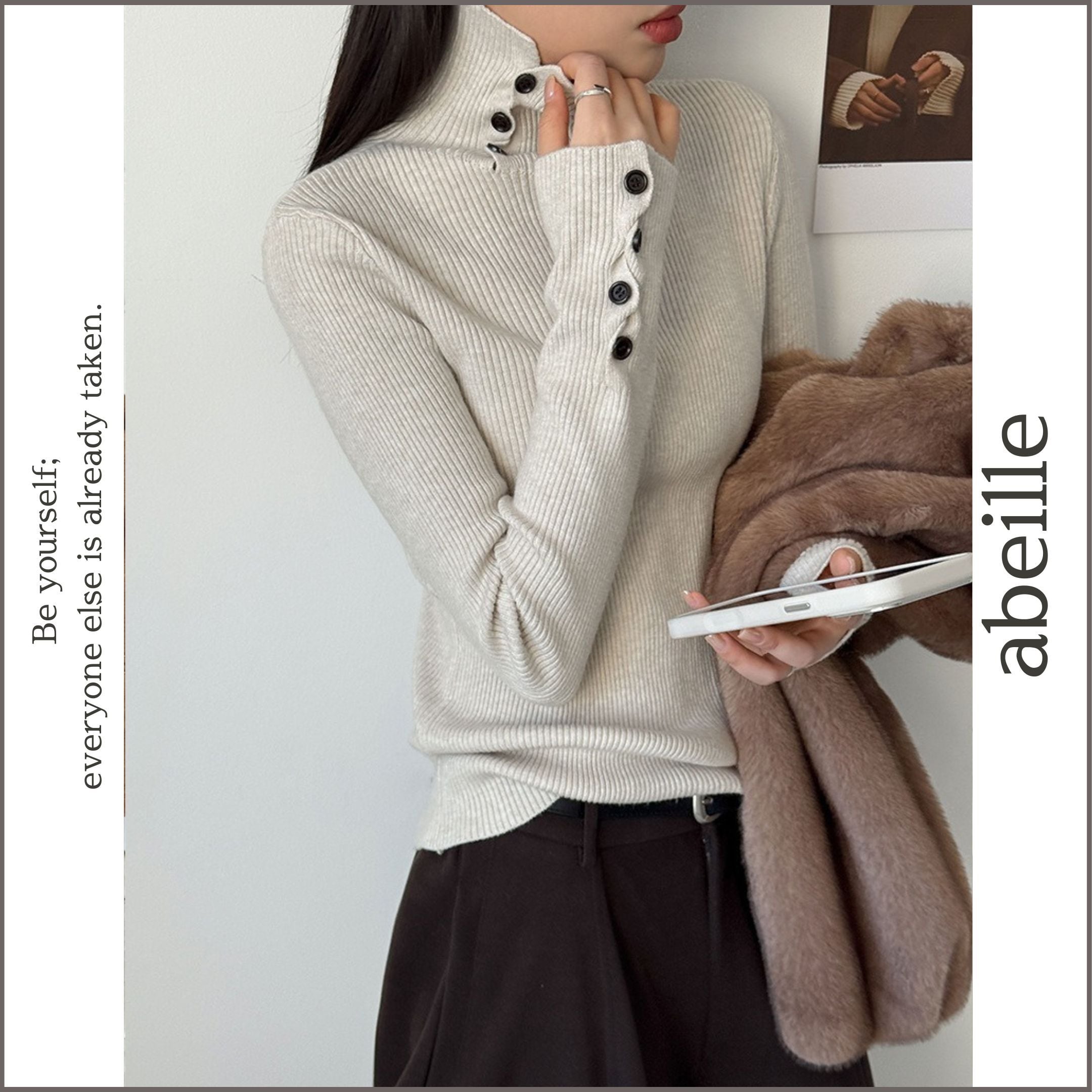 button detail turtleneck ribbed knit 14883