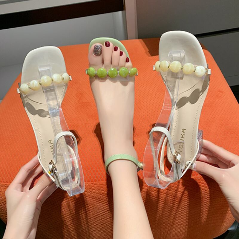 シューズ サンダル 絶対欲しい カジュアル 人気新作 目を奪われる スウィート ビーズ ベージュ グリーン 5cm Dresszone