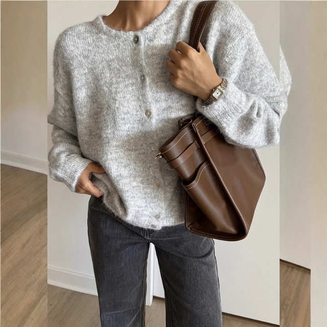 Crew Neck Button Front Knit Cardigan ◆9color　204775