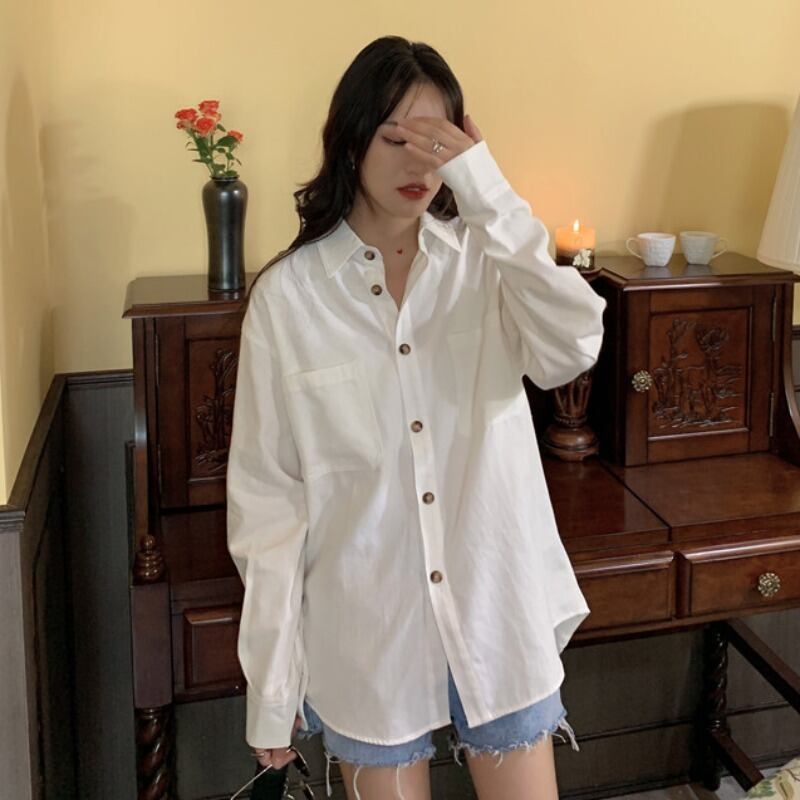 ホワイトルーズスタンダードスタイルシャツ スプリング ロング レトロ 春物 YY-ファッション55436233274