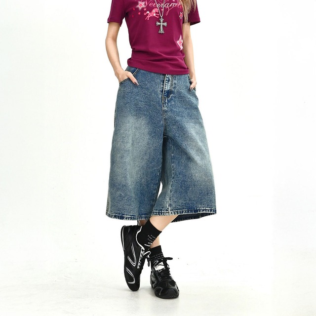 スターモチーフワイドラインクロップドデニムパンツ 1col   R02027