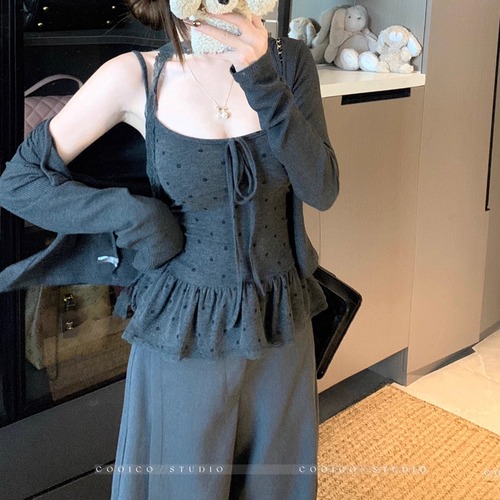 【2点セット】フリルヘムドットキャミ＋カーデ ・72587