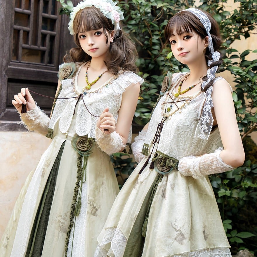 蝶プリントのセージグリーンロリィタ｜ボレロ付きロングドレス