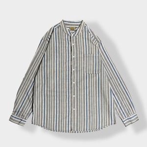 【ATLAS FOR MEN】ノーカラーシャツ ストライプ 柄シャツ 長袖 コットン XXL ビッグサイズ オーバーサイズ US古着