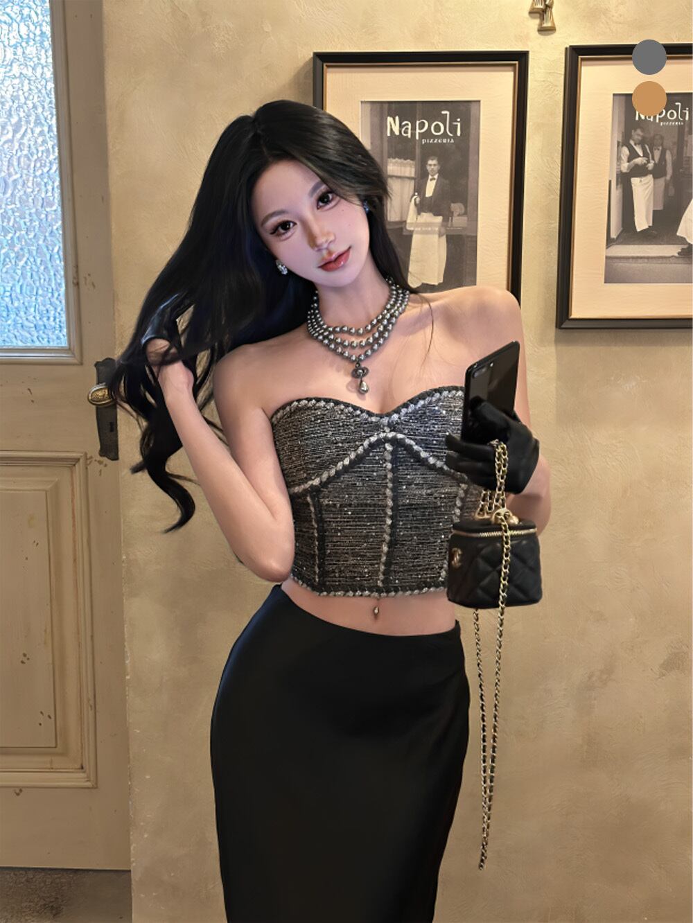 ツイードラインデザインチューブトップ