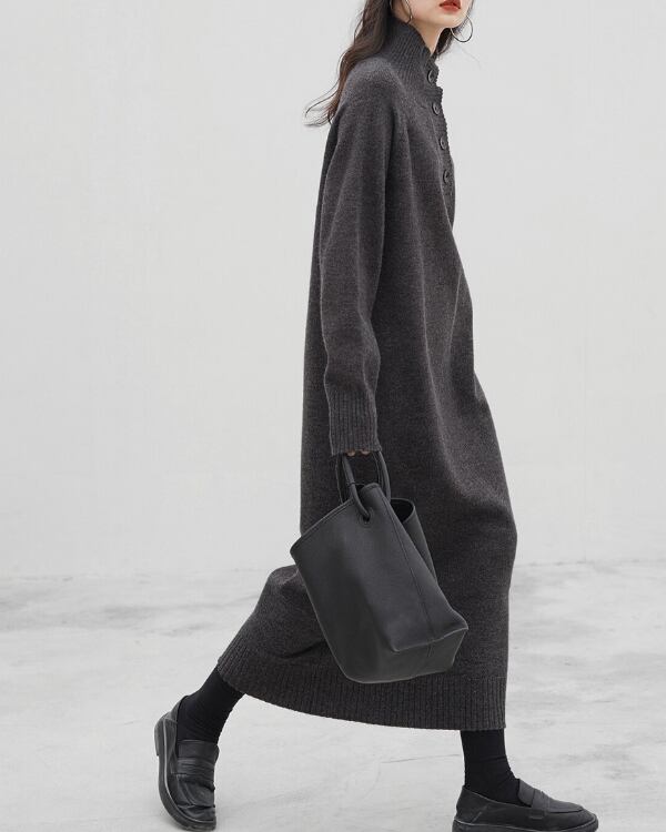 Button high neck long knit Dress  21436