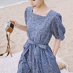 BB0678】ブルーの小花柄 パフスリーブ ロングワンピース | PAY ID