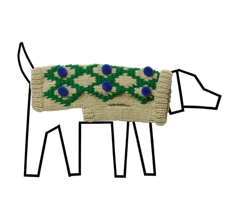 ウール100%【Ware of the Dog(ウェアオブザドッグ)】ポンポン付きセーター グリーン/ Hand Knit Green / Royal Blue Pom Pom Sweater