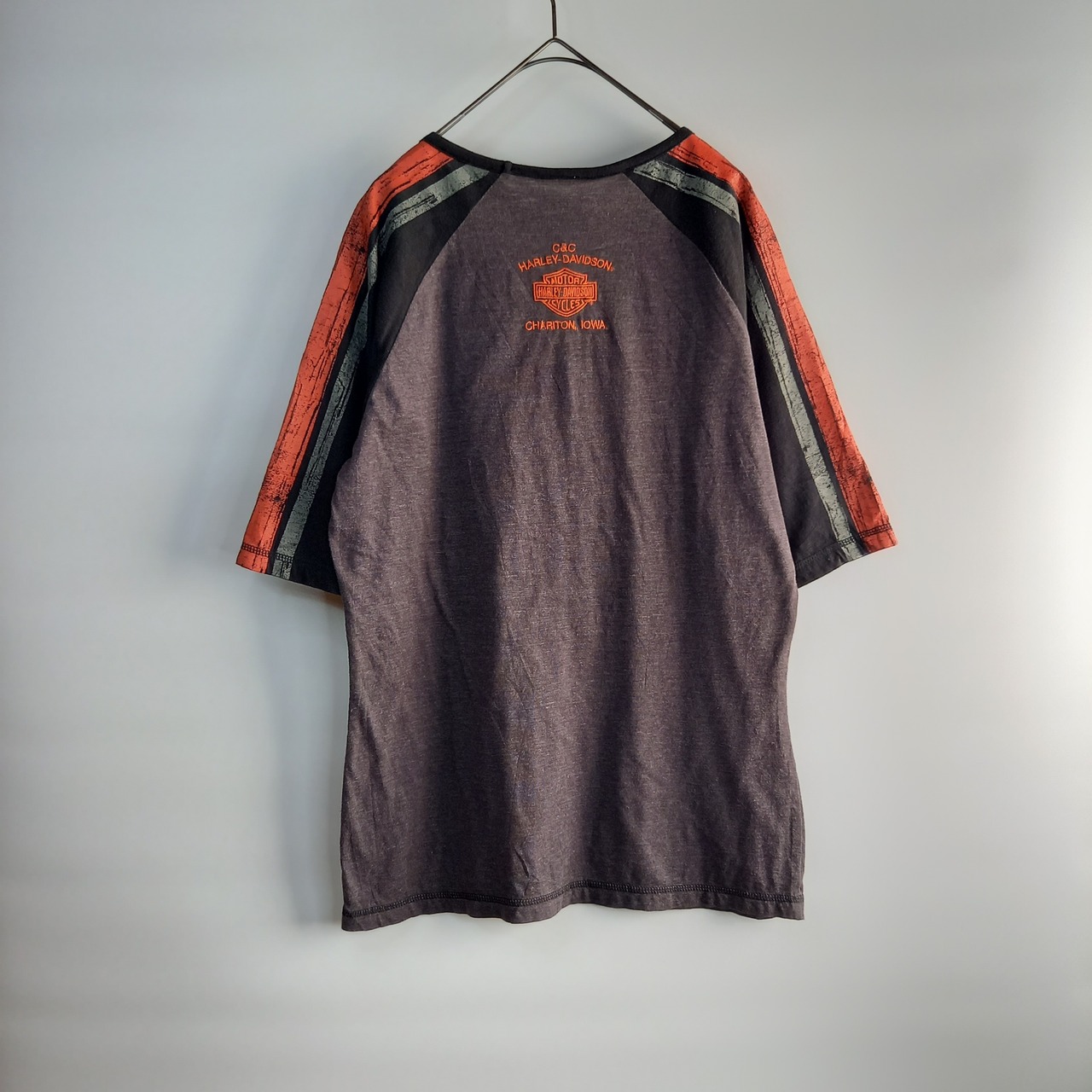 ハーレーダビットソン　Vネック　ラグランTシャツ　刺繍　ビッグロゴ　M