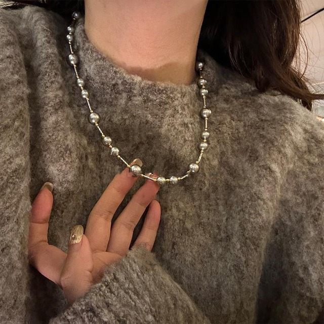 Somedayifレトロ豪華なグレーパールネックレス