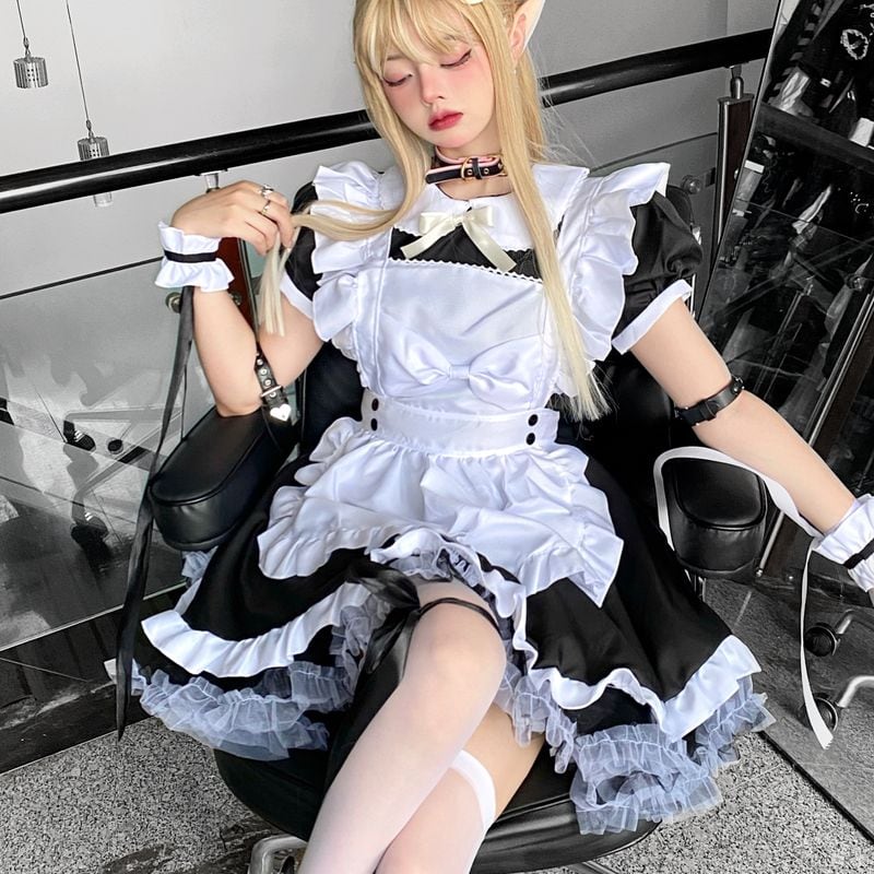 サブカル 服 地雷系 通販 ロリータ メイド服 ワンピース 丸襟 エプロン ミニ丈 半袖 フリル リボン コスプレ ロリータ 制服 かわいい 秋葉系