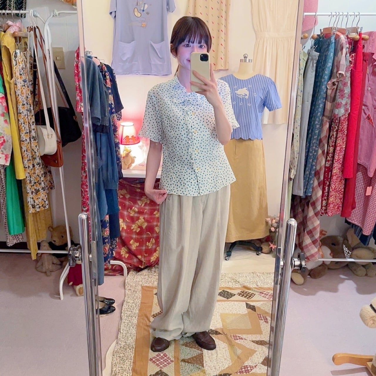 water blue dot frill blouse