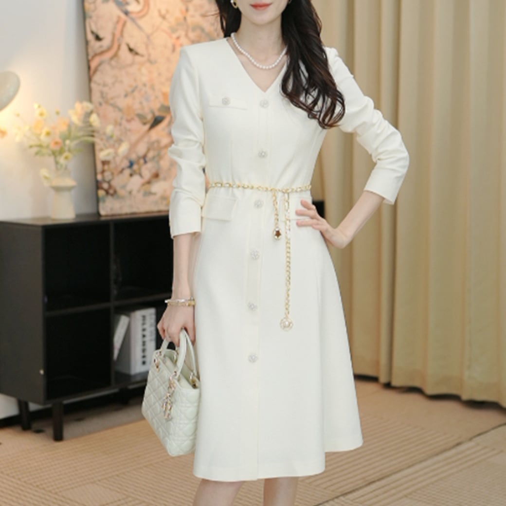 V-Neck Fit & Flare Midi Dress with Chain Belt Elegant Design 00358