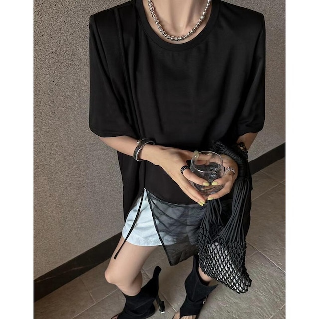 shoulder padded slit t-shirt 10948