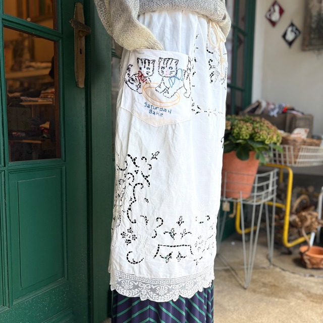Antique French Eyelet Lace Apron Skirt (Red & Blue Ribbon Cats)