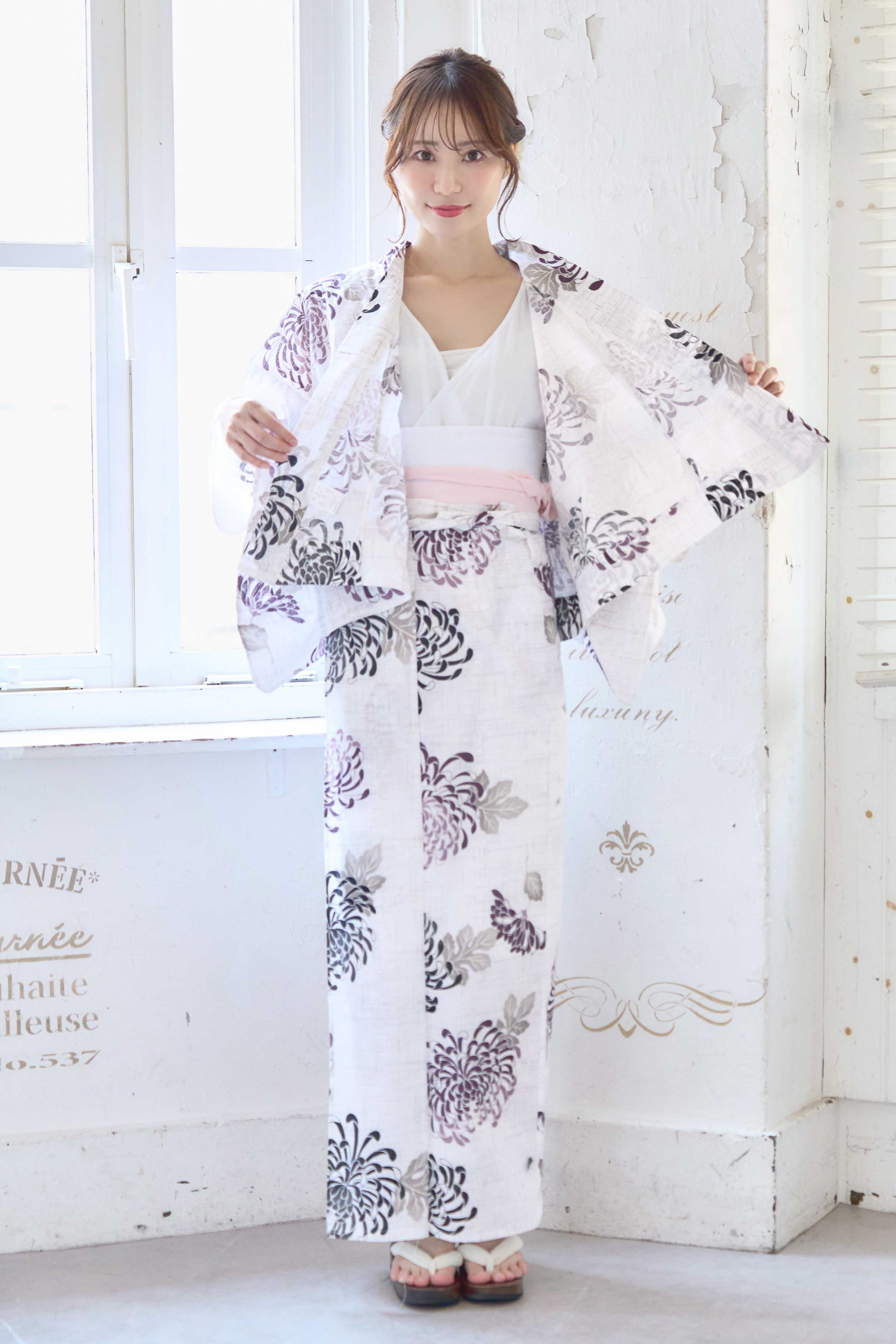二部式浴衣】セパレート浴衣3点set 紫黒あわせの菊散らし【兵児帯