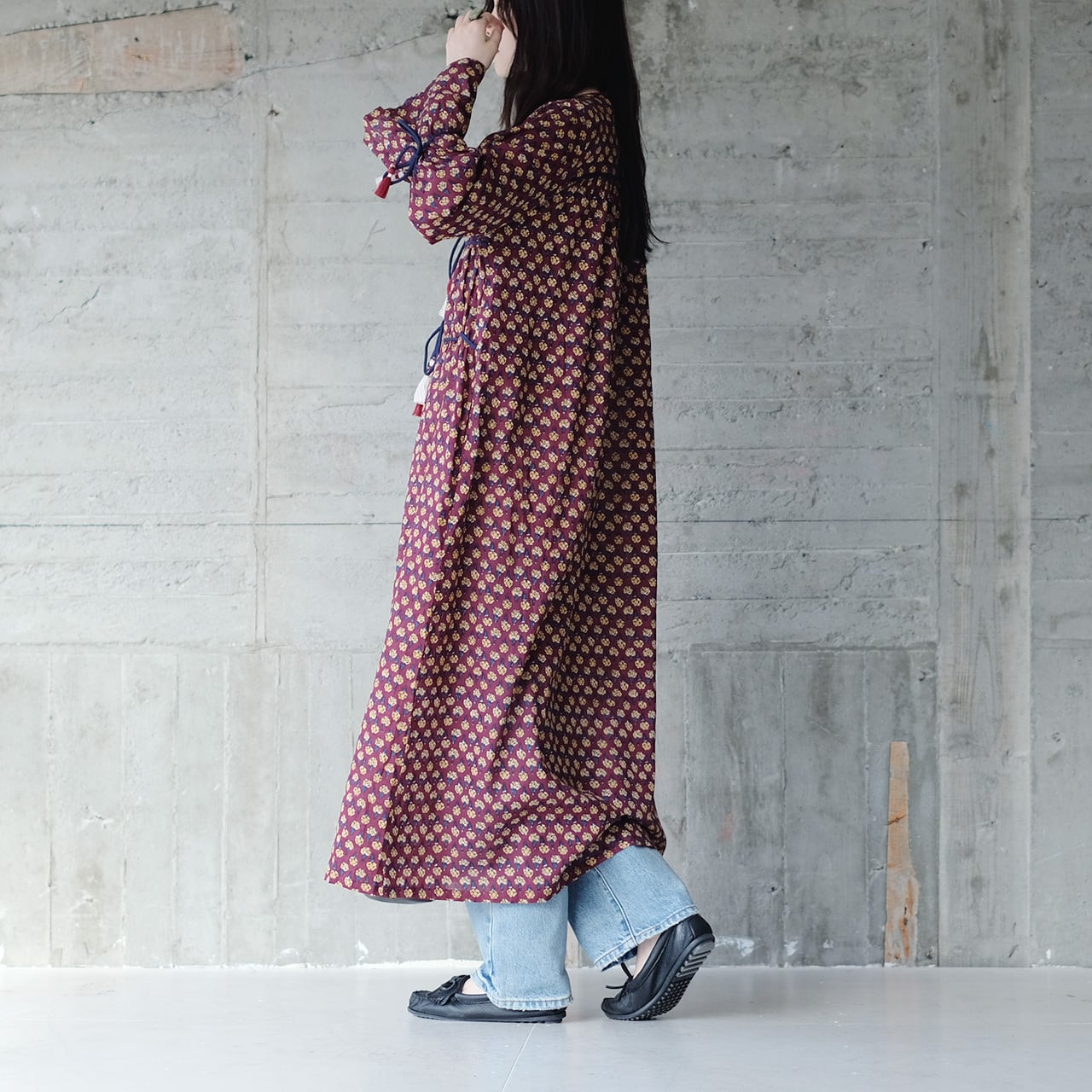 刺繍リボン＆タッセルが個性的！ブロックプリント長袖ワンピース（24w
