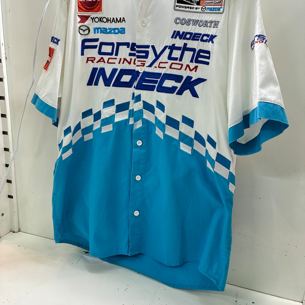 Forsyth Racing ワークシャツ 白×水色 フルデコ 刺繍 ピットクルーシャツ