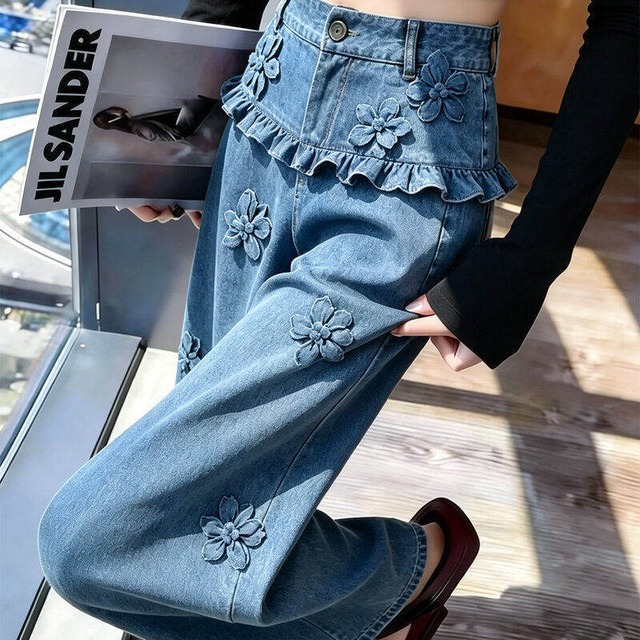 【LIQIMANシリーズ】★デニムパンツ★ ズボン ボトムス レディース 花柄 ブルー 青い 大きいサイズ