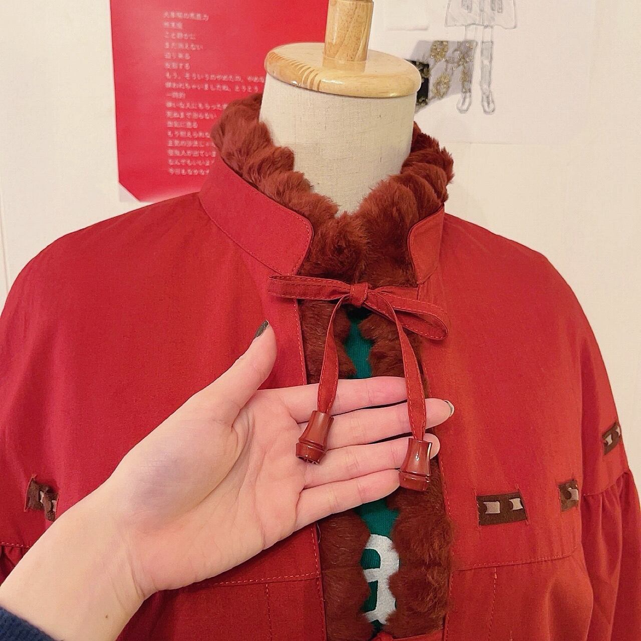red ribbon fur liner coat