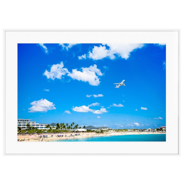 夏写真 セント・マーチン島マホ湾 飛行機と海 インテリアアートポスター額装 AS3826