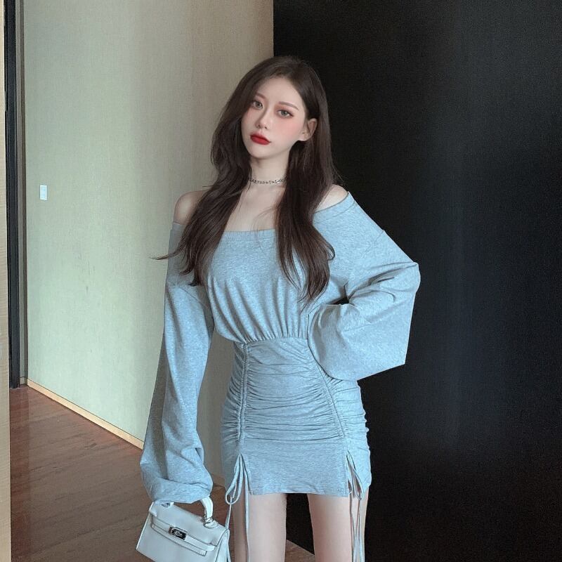 ワンショルダーセクシータイトフィット長袖ドレスレディース2020年秋ニューバッグヒップショートスカートグレー気質スカート ブラックストロベリース11721852010