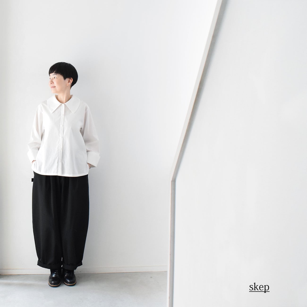 七分袖切替ギャザーロングワンピース：黒［OP33HSBK］ | skep-online shop